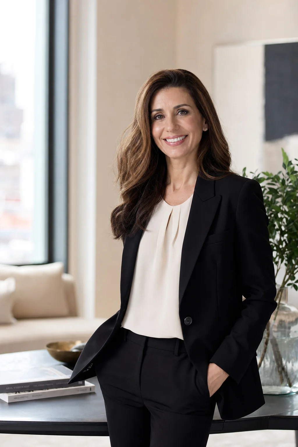 Patient smiling confidently in a black blazer in a refined office lounge