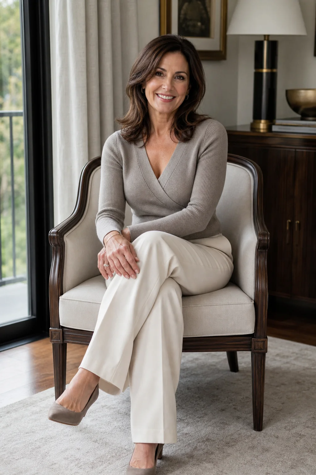 Patient smiling in a warm gray sweater in a refined living room
