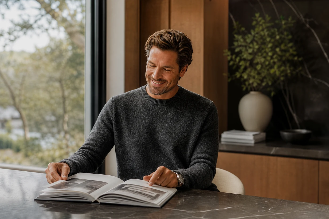 Patient smiling comfortably in a calm modern home office