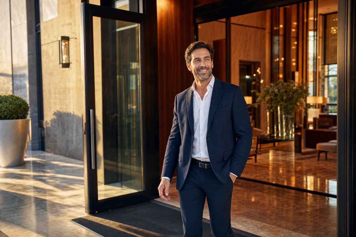Patient smiling comfortably outside a boutique hotel lobby