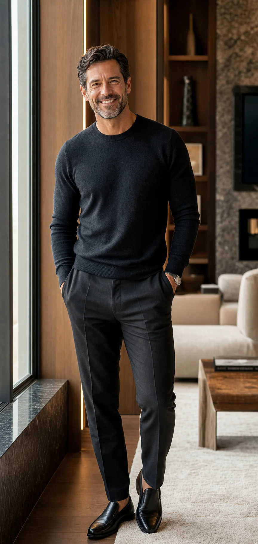 Patient smiling in a charcoal sweater beside warm architectural windows