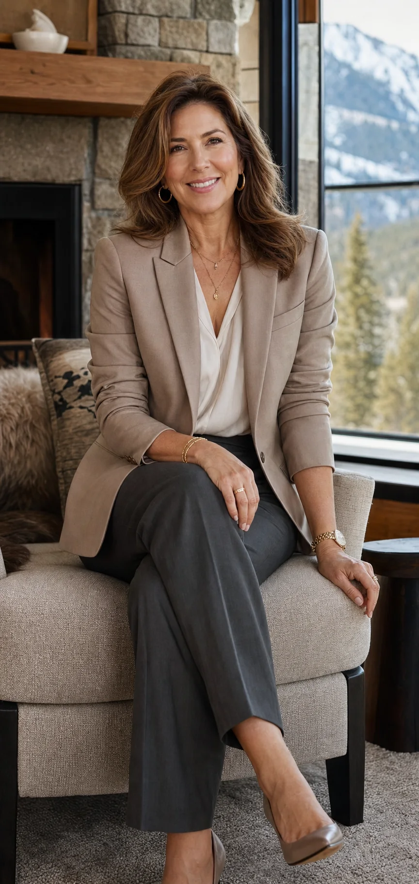Patient smiling in a taupe blazer in a calm mountain home lounge