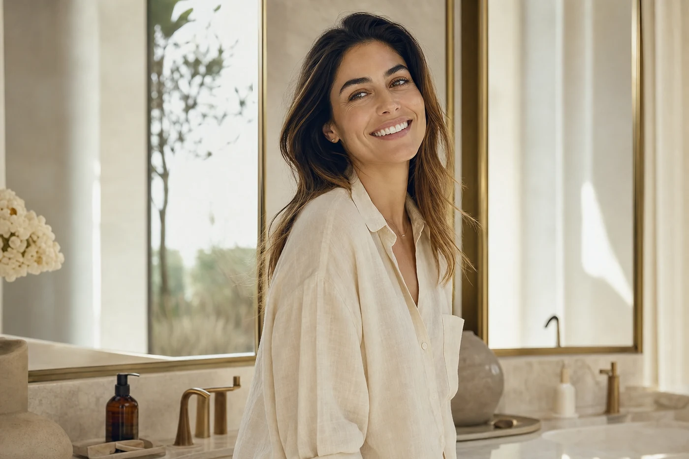 Patient smiling in a bright boutique hotel setting