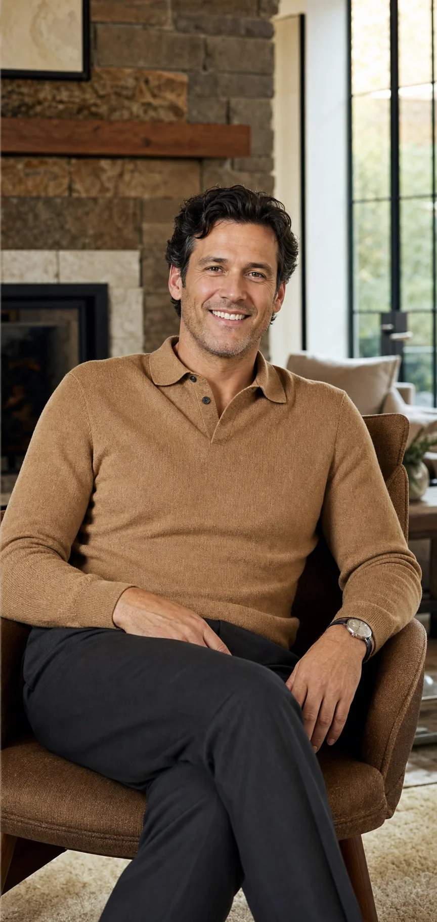 Patient smiling in a camel knit polo in a refined living room