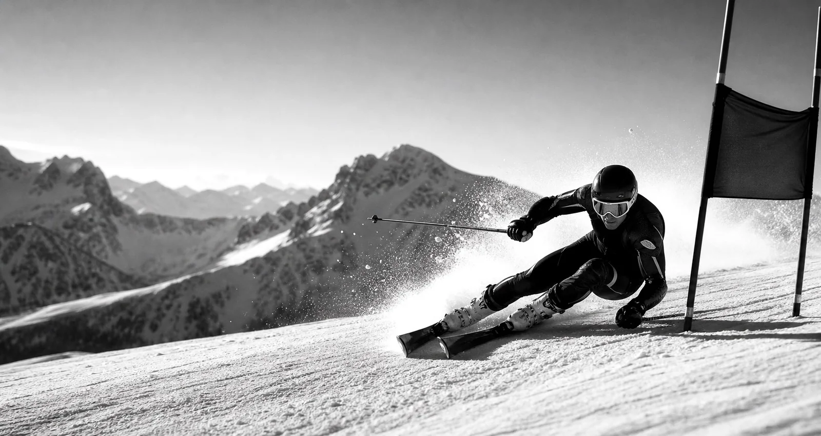 Black-and-white professional alpine skier carving through a race gate